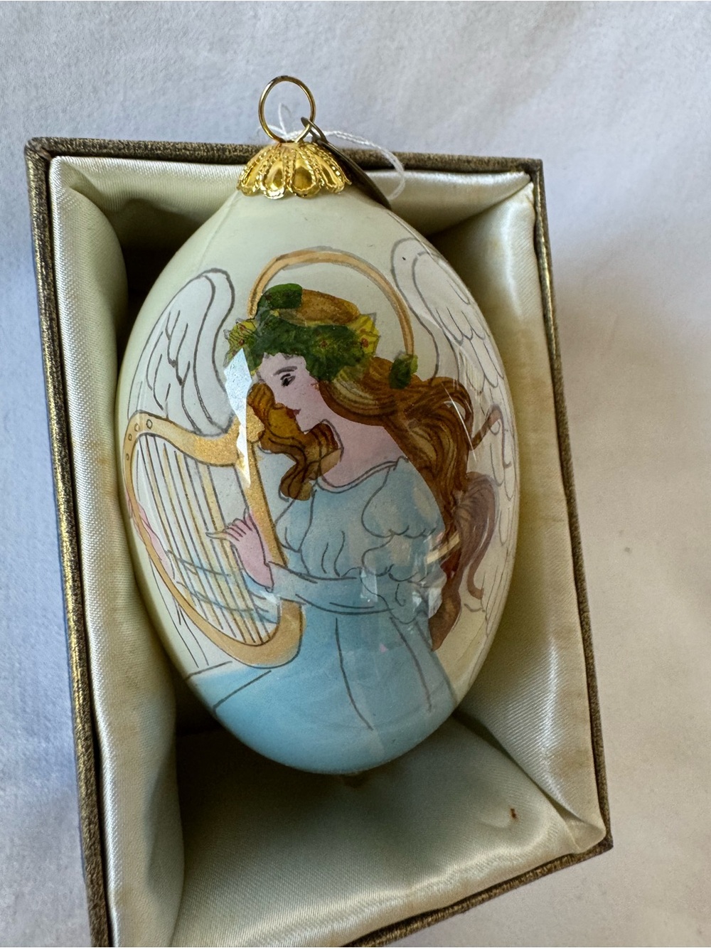Pier 1 Ornament Hand Painted Li Bien Glass Teardrop Angel 2015 W/ Harp & Doves